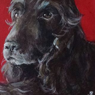 Painting of dog on red background